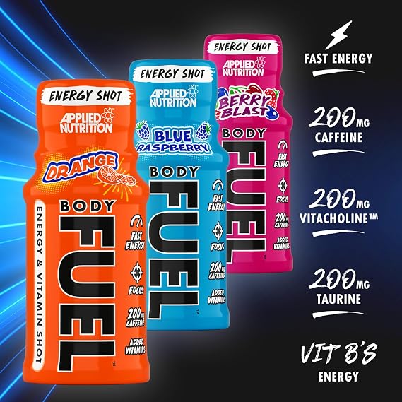 Applied Nutrition BodyFuel Energy Shot - Body Fuel Prime Energy Shot, Physical Performance with B-Vitamins, Taurine, Caffeine, Sugar Free, Zero Calories (Box 12 Units x 60ml) (Berry Blast)