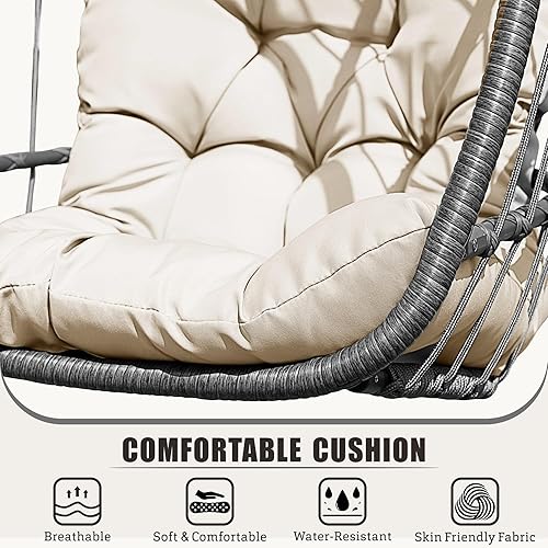Miniatura 6 de FREDEES Silla columpio de huevo con soporte, silla colgante para exteriores con cojín para patio, porche, balcón, interior (beige)