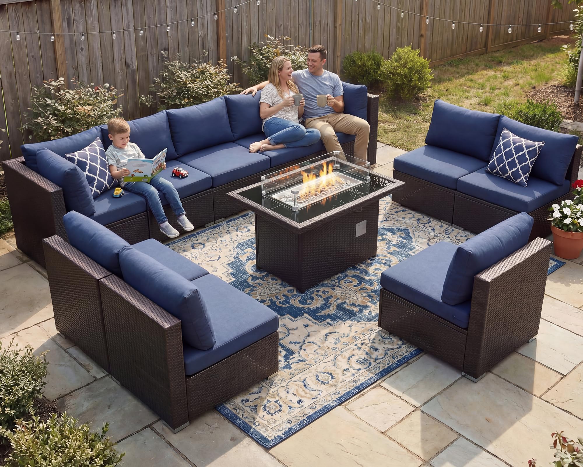 NICESOUL Modern Outdoor Patio Sectional Sofa Set with Firepit Natural Gas/Propane, 29.3'' High Back Wicker Conversation Set, 10 Seats Large Deep