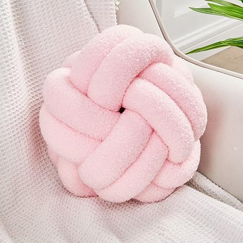 Uvvyui Bola de almohada de nudo, almohadas anudadas para decoración del hogar de color rosa suave, almohada redonda de felpa hecha a mano, almohadas