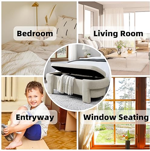 Miniatura 7 de Wunlerlant Banco de almacenamiento ovalado de 51.5 pulgadas, banco otomano tapizado de tela de lino con gran espacio de almacenamiento para sala de