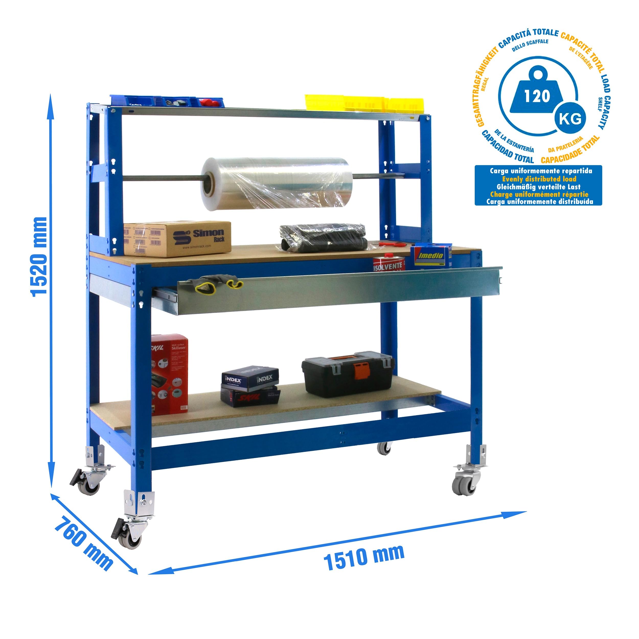 Simon Rack Banco de Trabajo Taller con Ruedas 1510x760 mm - BT4 | Porta Rollo y Cajón, Tablero madera 16 mm, Capacidad Carga 120 kg, Azul , Pintura anticorrosión, Montaje sistema clic