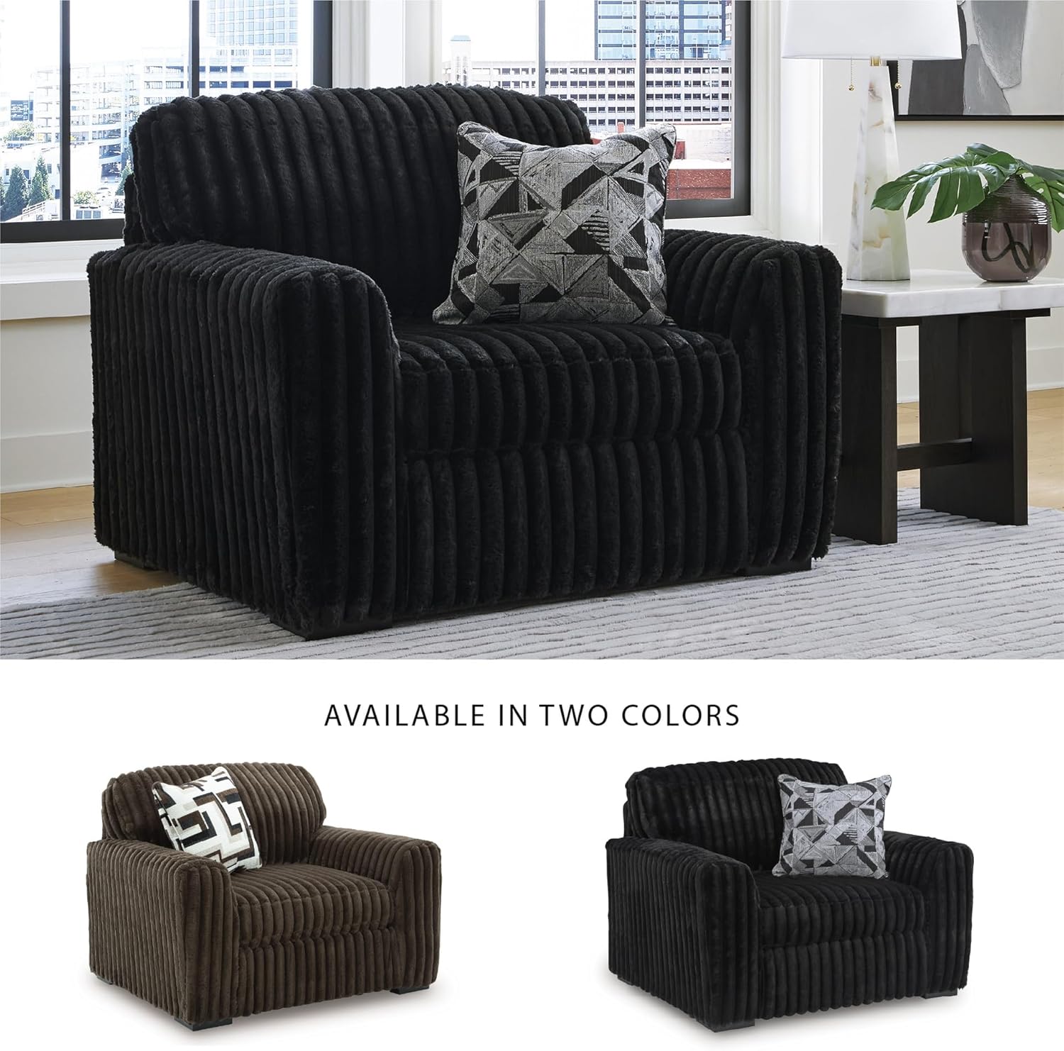 Signature Design by Ashley Midnight-Madness Modern Oversized Chair with Reversible Cushions, Attached Back, Fabric Upholstery, 52" W x 41" D x 40" H, Black