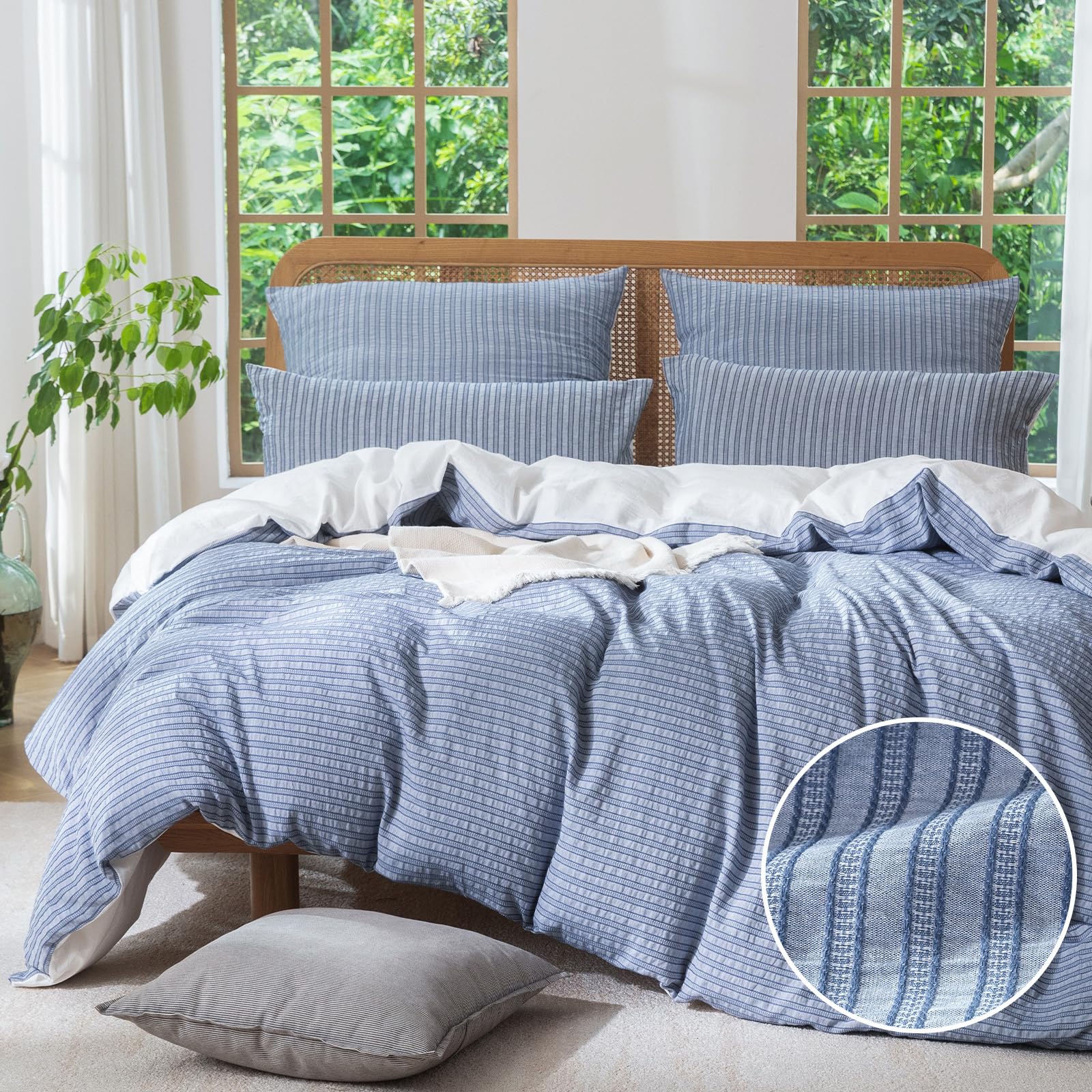 Parure de lit 2 personnes 240x260 bleu et blanc pour chambre cosy