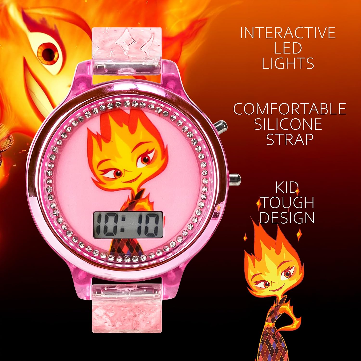 Disney Elemental Ember Lumen Kids’ Watch – Fiery Pink LCD Display with LED Lightshow Feature, Water-Resistant with Special Edition Gift Tin