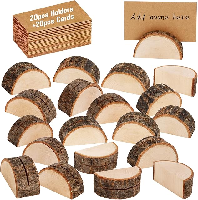 X-BLTU 40PCS Wood Place Card Holders, Semicircle Shape Rustic Real Wood Base Wedding Table Name Number Holder Party Decoration Picture Memo Clip Note Photo Clip Holder(20 Holders +20 Kraft Paper)