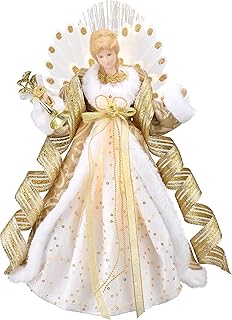 Valery Madelyn Lighted Christmas Tree Topper Angel with Timer, 16 Inch Luxury White Gold Fabric Small Angel Tree Topper with Lights for Christmas Tree Decoration Indoor, Battery Operated