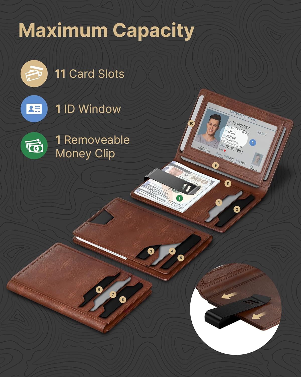 typecase Leather Wallet for Men Card Holder: Premium Genuine Leather, RFID Blocking, Slim, Minimalist, Front Pocket - 15 Cards Capacity | ID Window | Money Clip (Brown) - Image 3