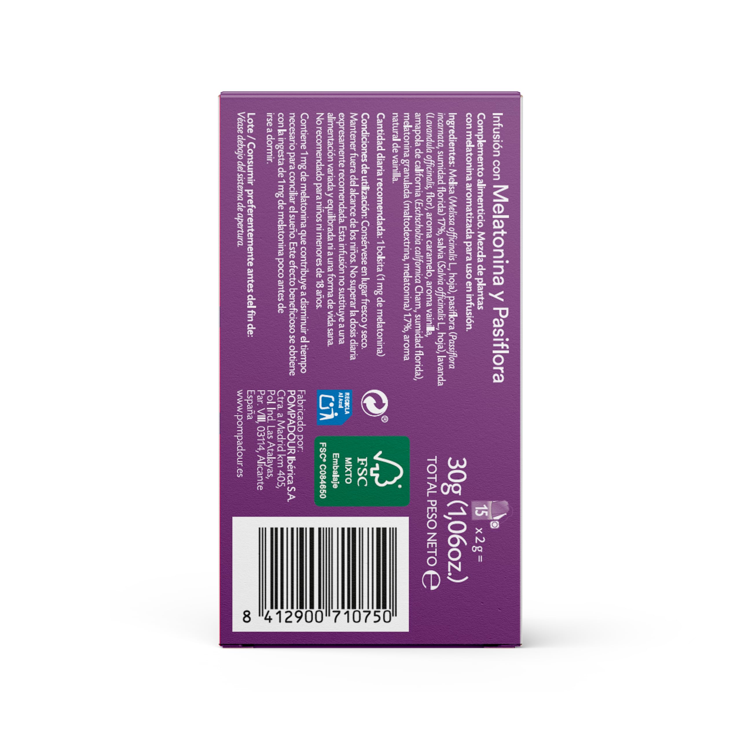Pompadour | Melatonina y Pasiflora | Contribuye a Disminuir el Tiempo Necesario para Conciliar el Sueño | 1 Mg de Melatonina por Bolsita | 15 Bolsitas de 2 Gr