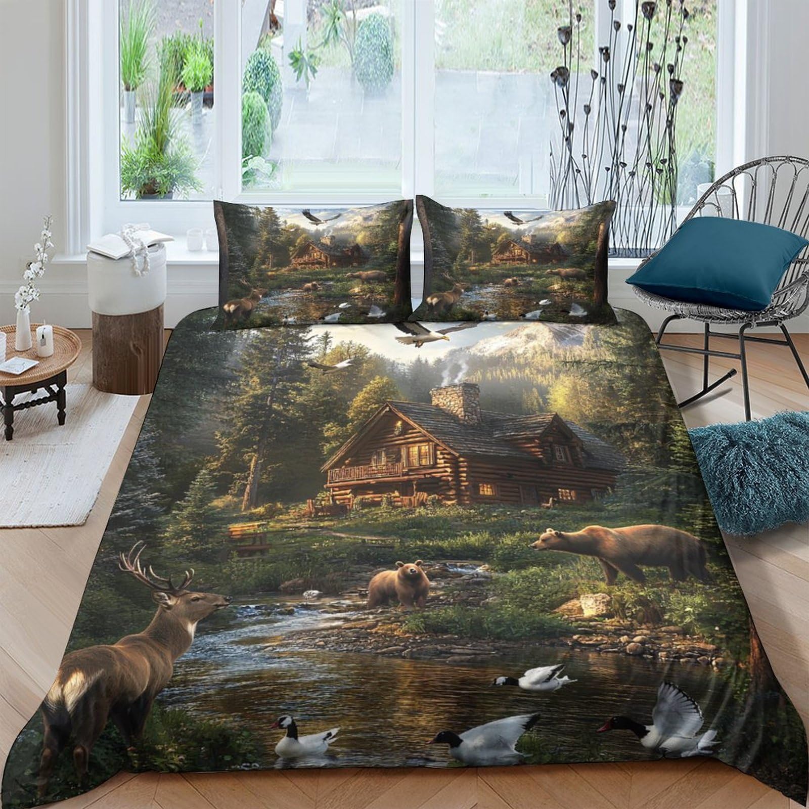 XFKLYNVCJ 3D Printed Forest Cabin Duvet Cover Premium Polyester Wildlife Nature Landscape Bed Cover Quick Drying for Housewarming Gift New Homeowners Bedroom Bedding Use Single（135x200cm）