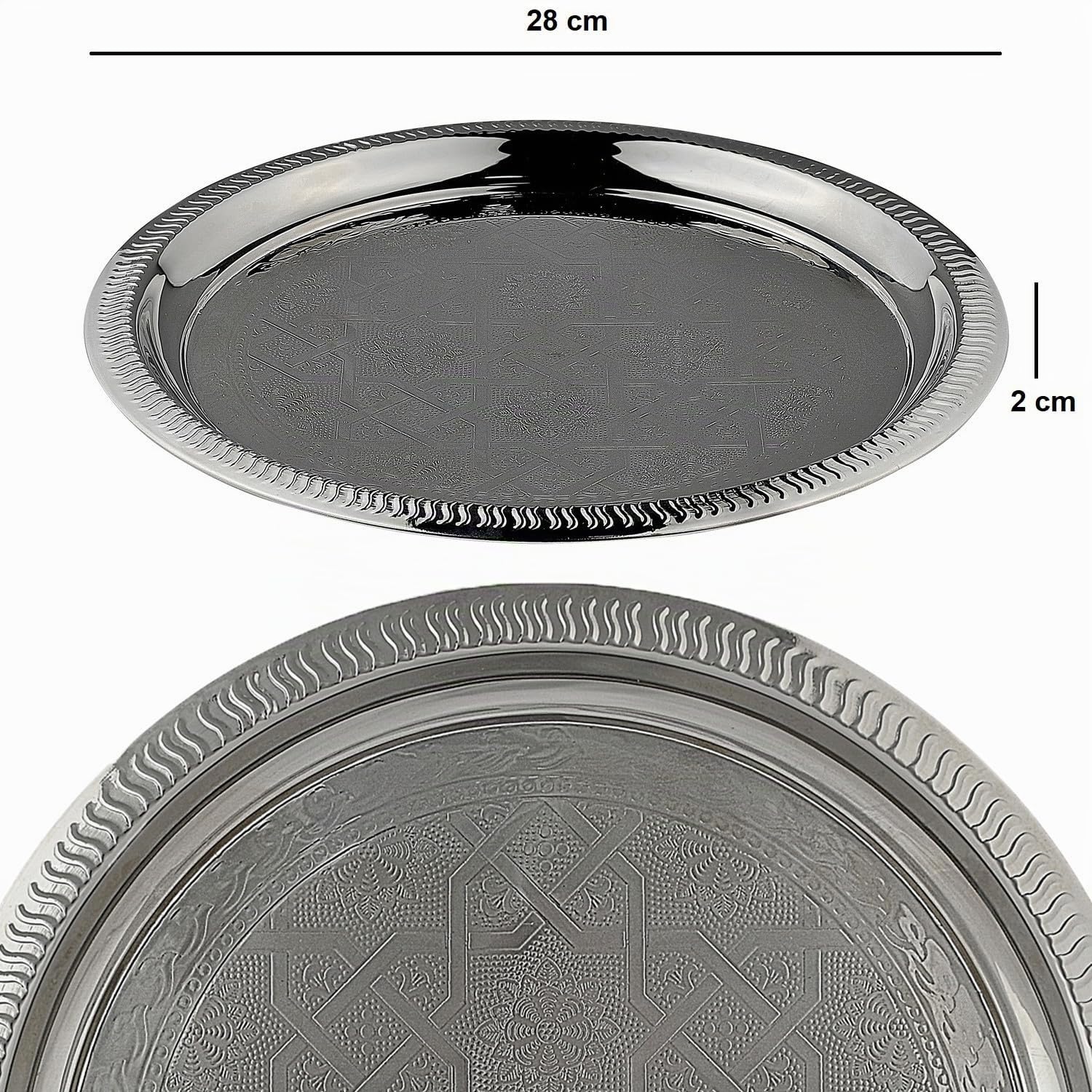 Orientalisches Serviertablett Nacera rund aus Metall in Silber 28 cm