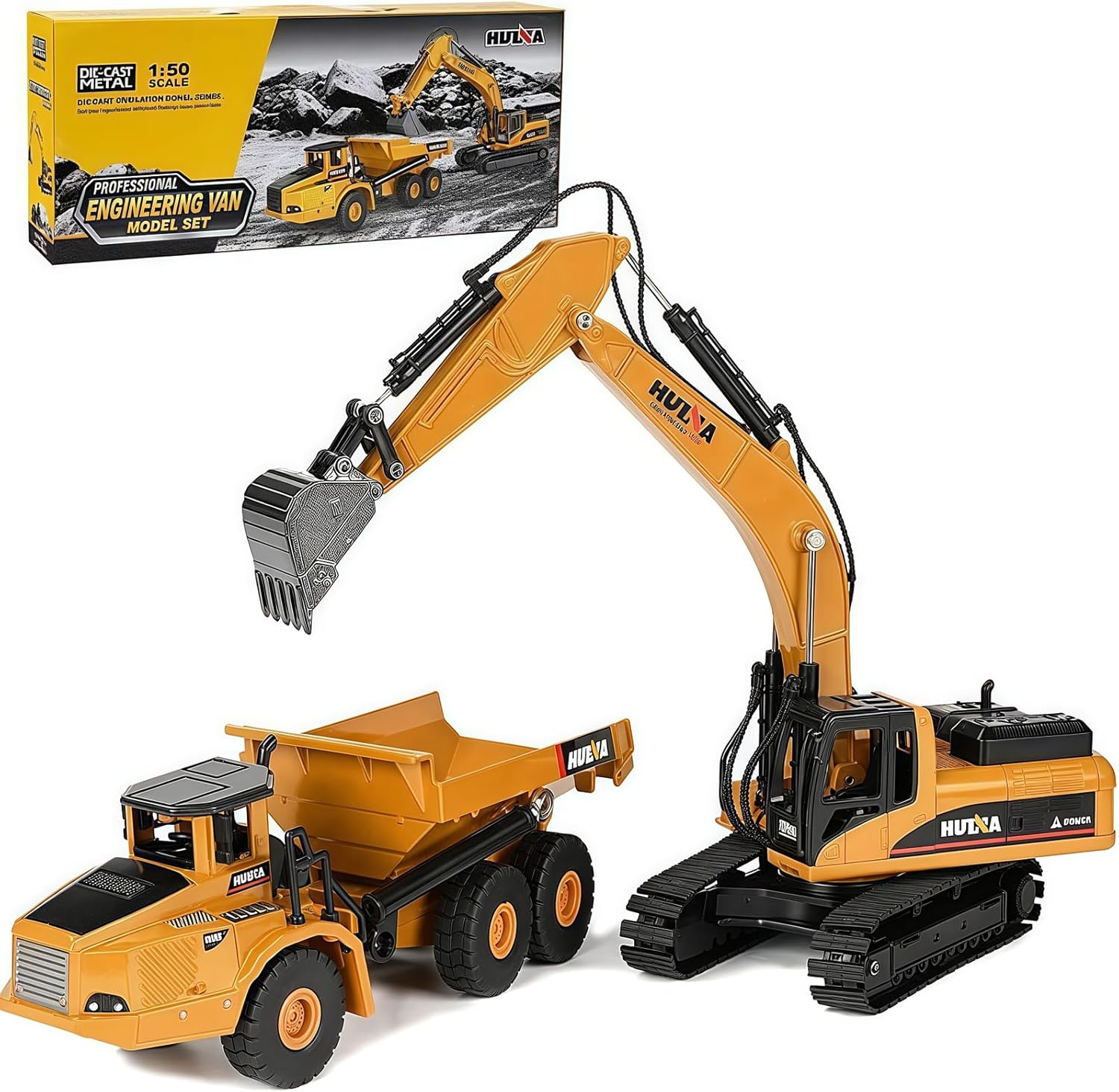 Construction Dump Truck Excavator Toys, Heavy Duty Alloy Construction Vehicles, 1:50 Scale Diecast Site Digger and Dumper Set, Toy Trucks for Kids 8,9,10,11,12 Year Old and up(2Pcs)