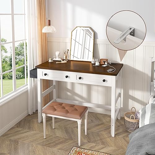 Miniatura 4 de EnHomee - Escritorio pequeño para computadora con tomas de corriente, escritorio blanco con 2 cajones, pequeña mesa de estudio y escritura con