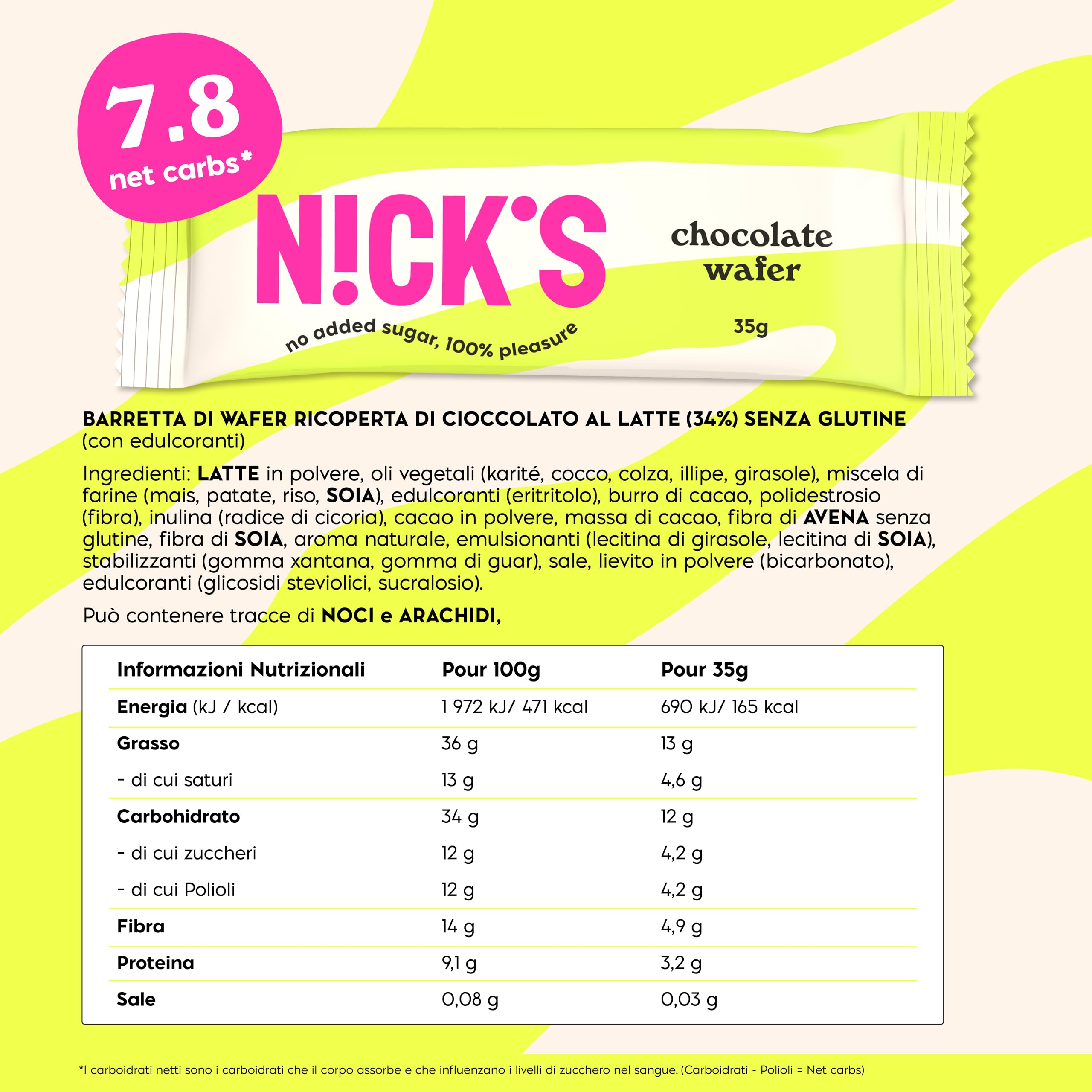 NICKS Barrette di Wafer al Cioccolato, Low Carb Biscotti 165 Calorie Senza Zucchero Aggiunto Dolci Caramelle Senza Glutine (24 Chocolate wafer x 35g)