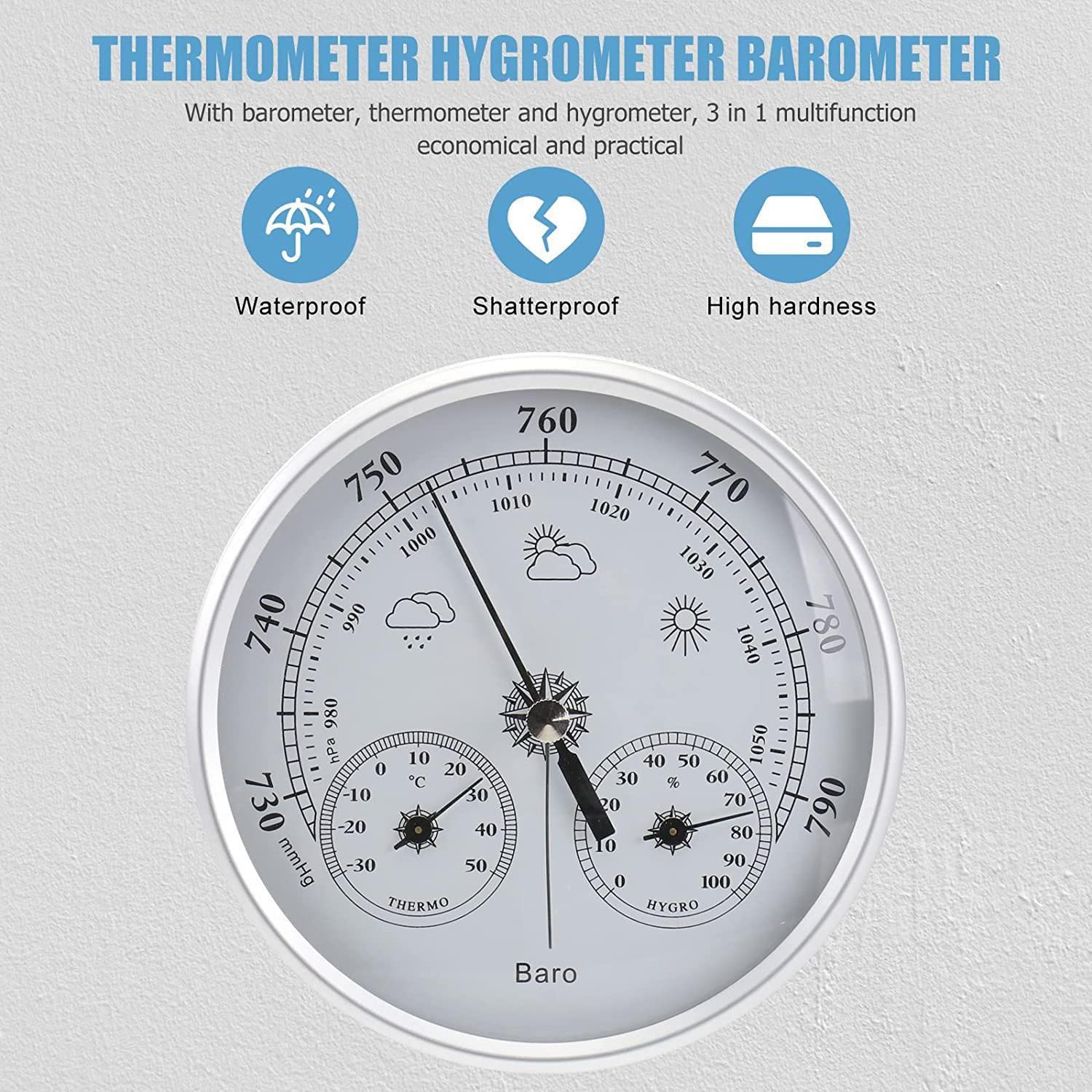Barómetro, Barómetro de Pared, Barómetro 3 en 1 de Plata, Higrómetro de termómetro de barómetro, Barómetros para la Pared del hogar