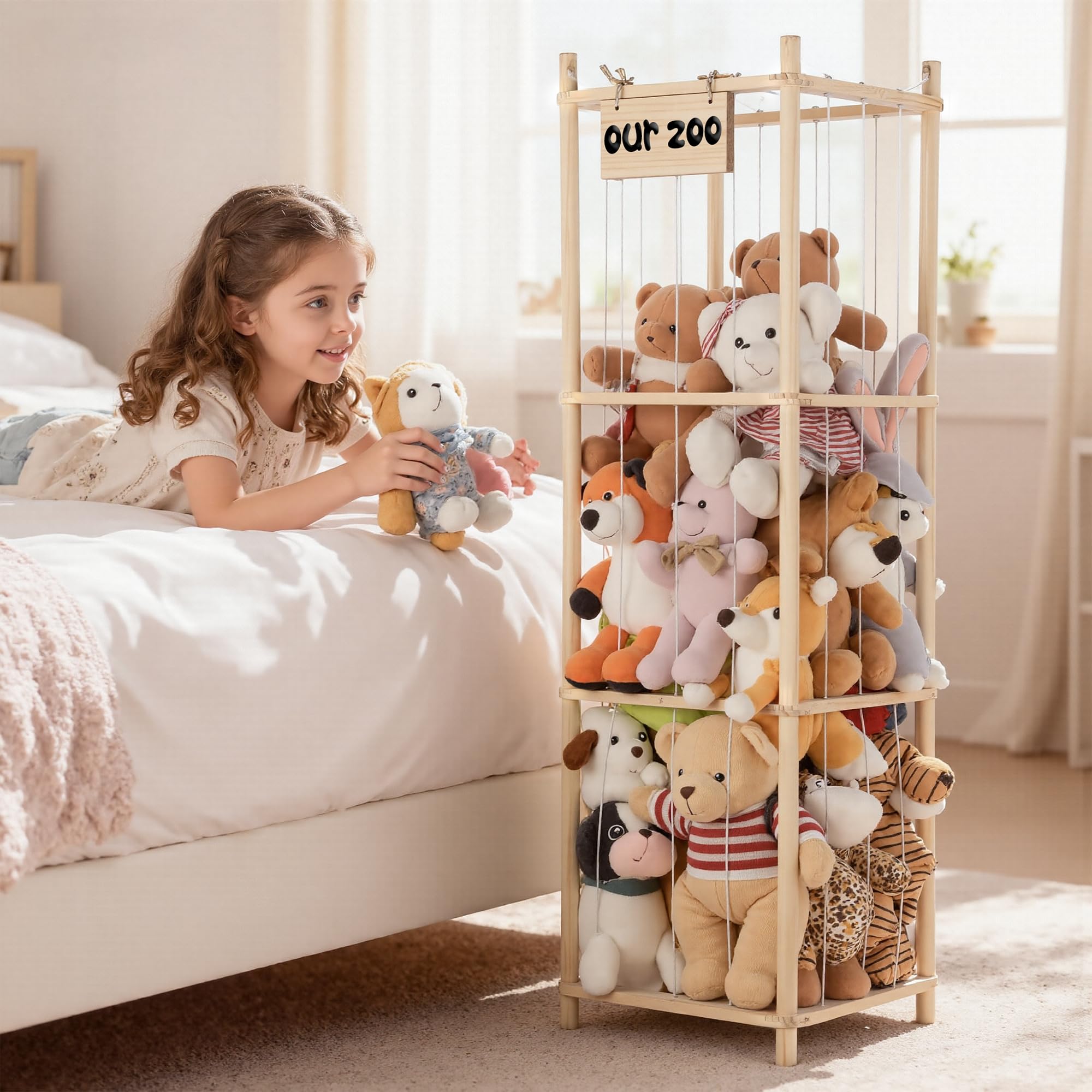 LAMU Kuscheltier Aufbewahrung, Stofftier Plüschtier Aufbewahrung aus Holz mit Elastischen Kordeln, Spielzeug Organizer Extra Große Kapazität für Babyzimmer Wohnzimmer Schlafzimmer, W 39.5cm, 3 Tier