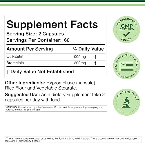 Miniatura 2 de Quercetina 1000 mg con bromelina 200 mg, 120 cápsulas Suministro para 2 meses Puede fortalecer el sistema inmunológico Double Wood Supplements.
