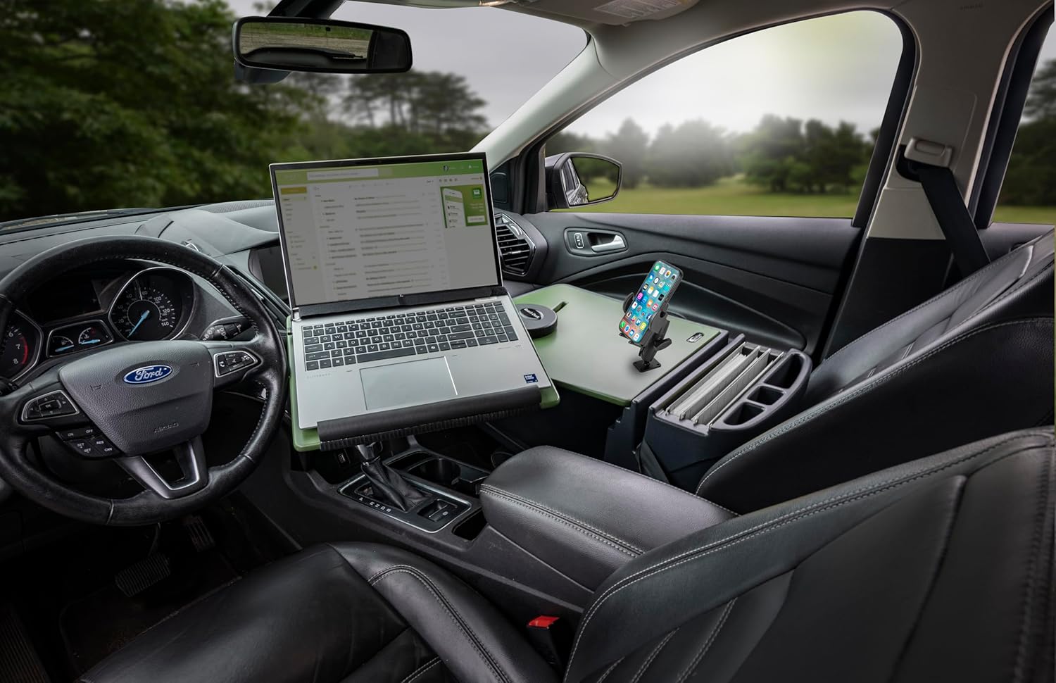 AutoExec Reach Car Desk for Your Vehicle Workstation and Mobile Office, Front Seat Army Green with 400 watt Power Inverter and Phone Mount
