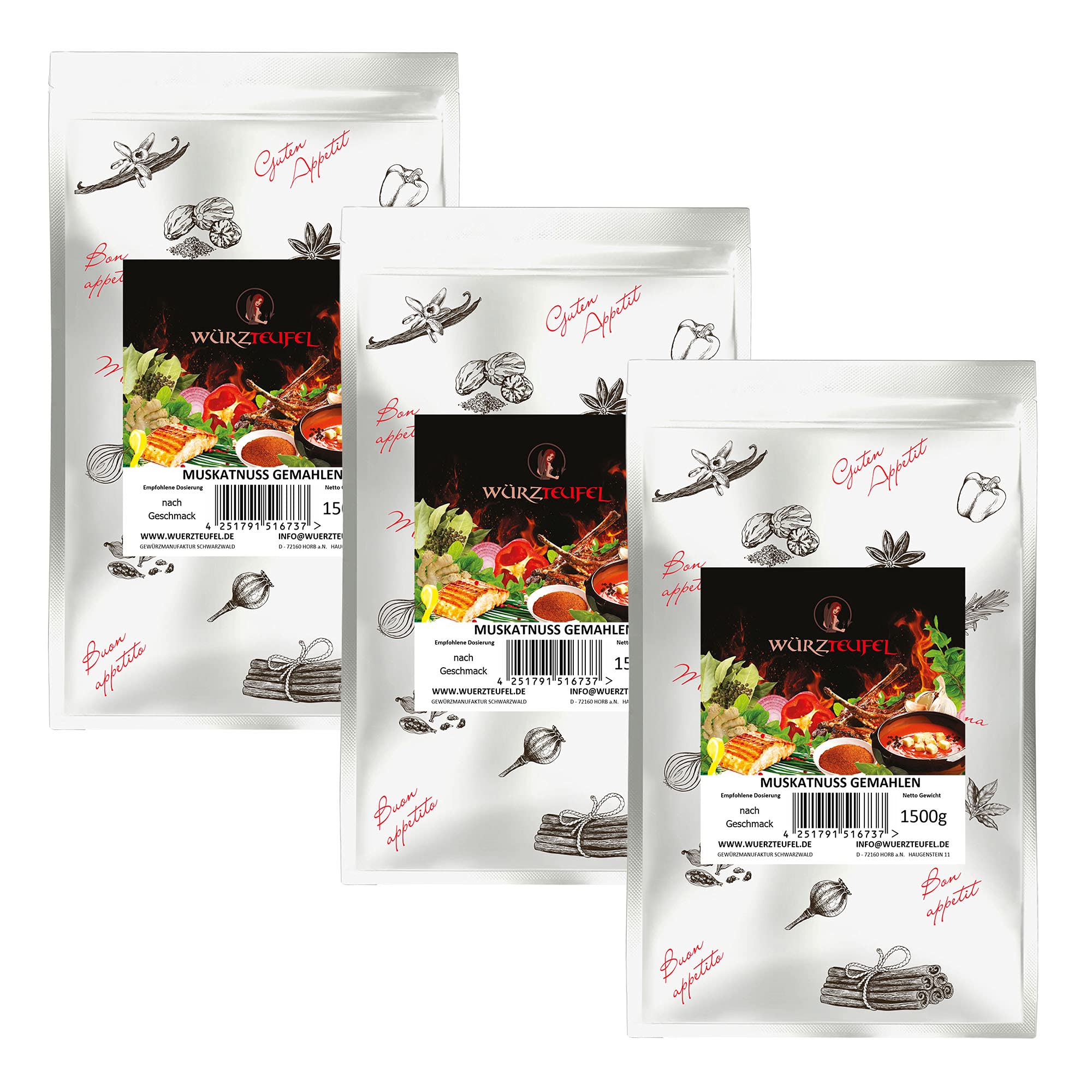 Muskat, Muskatnuss gemahlen, Keimreduziert, Spitzenqualität aus Neuguinea. 3 Beutel je 1500g (4,5 KG)
