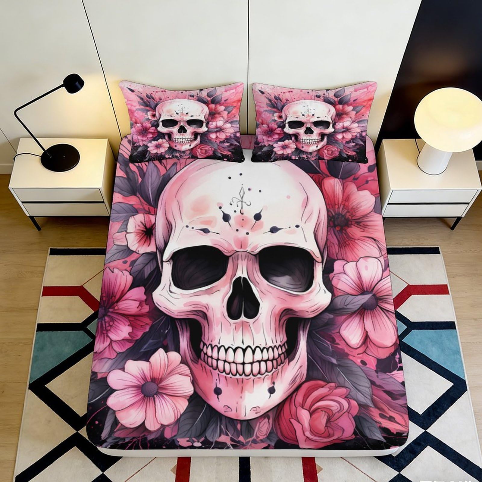 Rqzkjxnhpf Style-7 3D Printed Skull Rose Fitted Sheet Microfiber Non-Slip Deep Pocket Bedroom Bedding Skull Flowers Mattress Fitted Cover For Adults Teens Washable 200X200x25cm 90X200x25cm