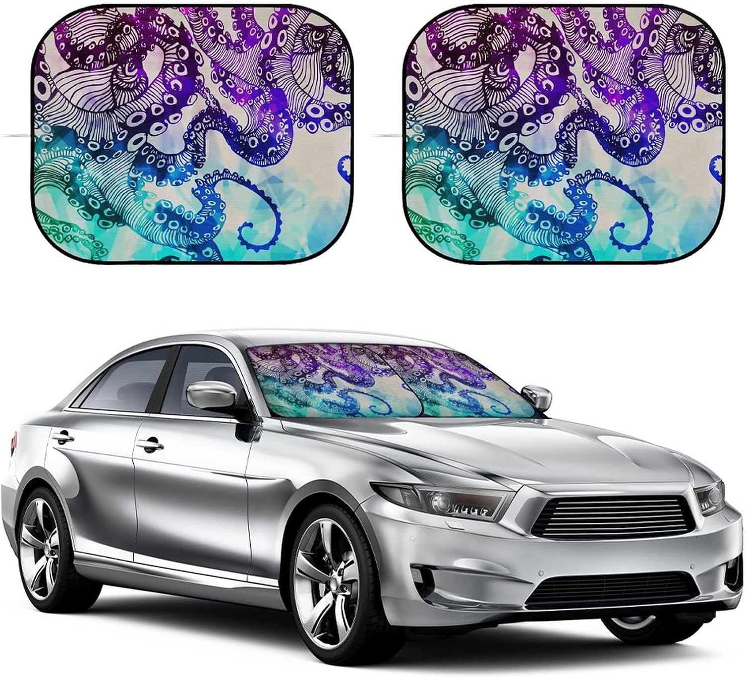 数量限定 カーサンシェード タコ カラフル 海洋生物 おしゃれ 車用 フロントガラスカバー 日差しカット 盗難防止 折畳み 軽自動車 小型乗用車適用 フロントガラスサンシェード 遮光 断熱 車種汎用 紫外線カット 内装保護 省スペース 簡単取付 収納袋付き 2枚 セット Lcoo