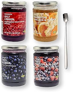 IKEA Organic Preserves 4-Pack Bundle - Total 4 Flavors - SYLT LINGON Lingonberry, Blueberry, Raspberry & Blueberry Jam & Orange & Elderflower Marmalade (15 oz) with Bonus Spreader Spoon