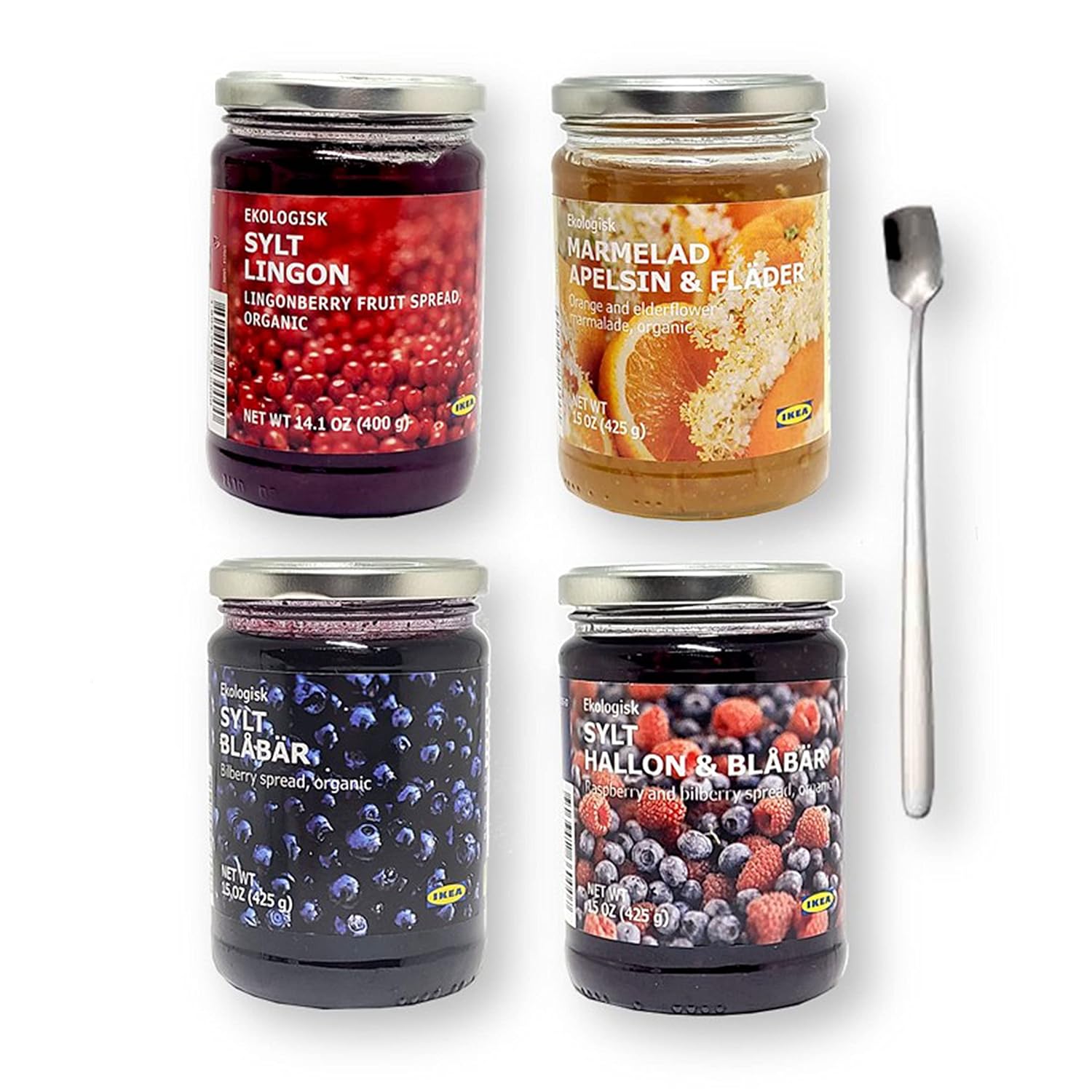 Tasty Kitchen IKEA Organic Preserves 4-Pack Bundle - Total 4 Flavors - SYLT LINGON Lingonberry, Blueberry, Raspberry & Blueberry Jam & Orange & Elderflower Marmalade (15 oz) with Bonus Spreader Spoon