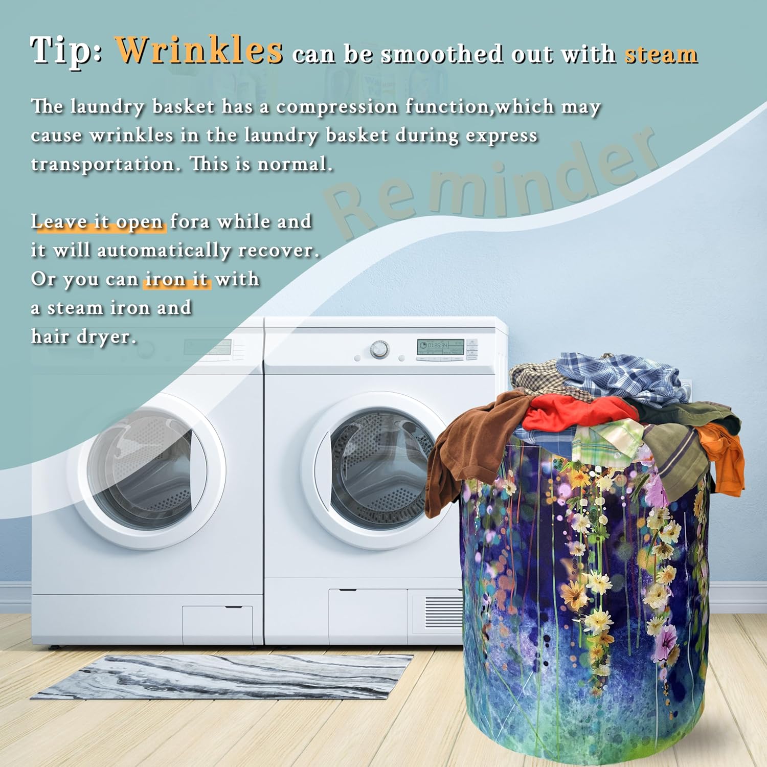 Beautiful Blue Green Floral Laundry Basket Foldable With Handles Tote Bag Oxford Cloth Colorful Laundry Hamper Clothes Storage Bucket Toy Organizer 18.9"x16.5" For Bathroom/Laundry/Bedroom