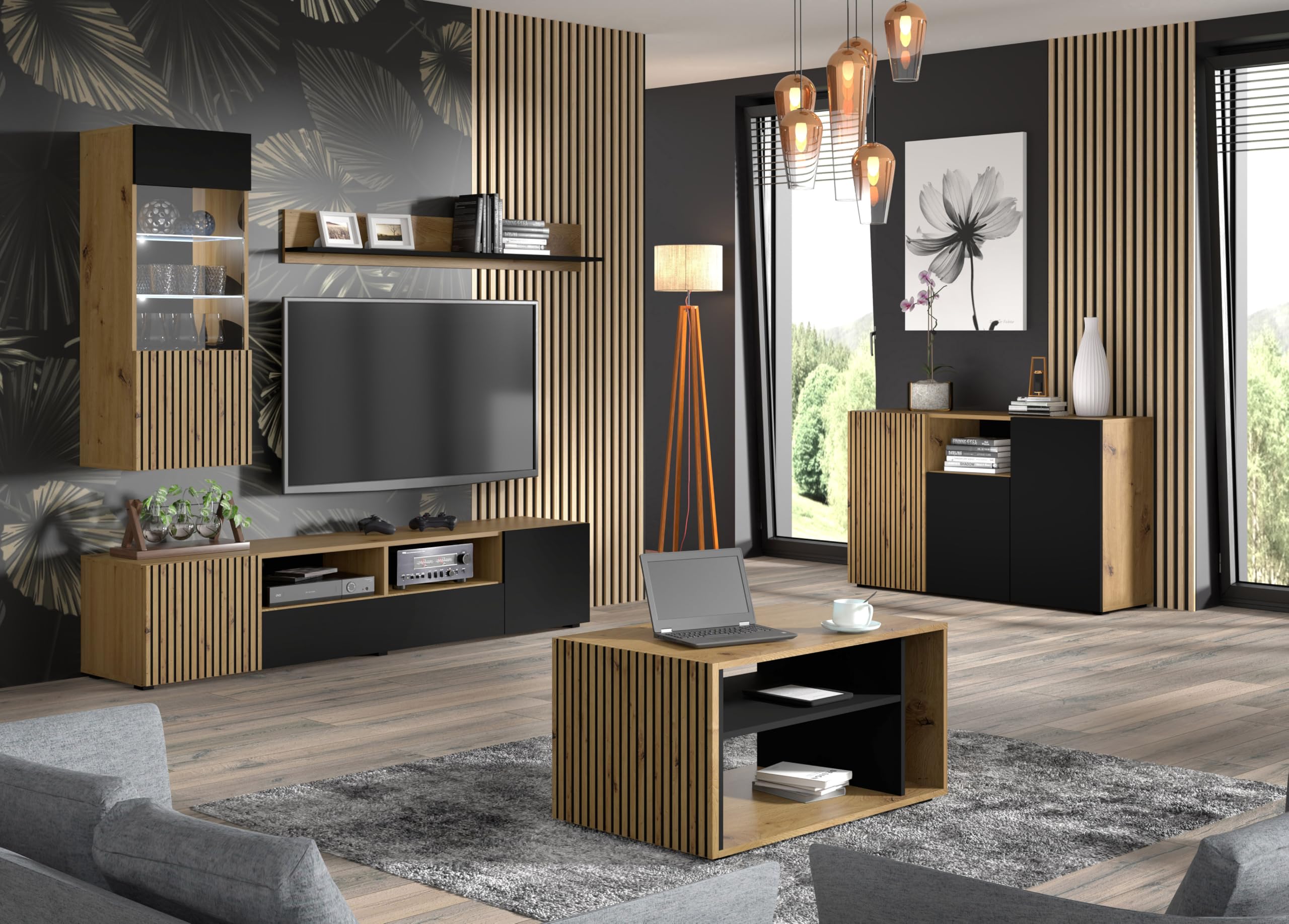 BIM Furniture TV Lowboard AURIS – 200x42x42 cm Stehend Wohnzimmermöbel, Grifflose Fronten, Fernsehtisch mit viel Stauraum, modernes TV Schrank – Eiche Artisan/Schwarz Matt