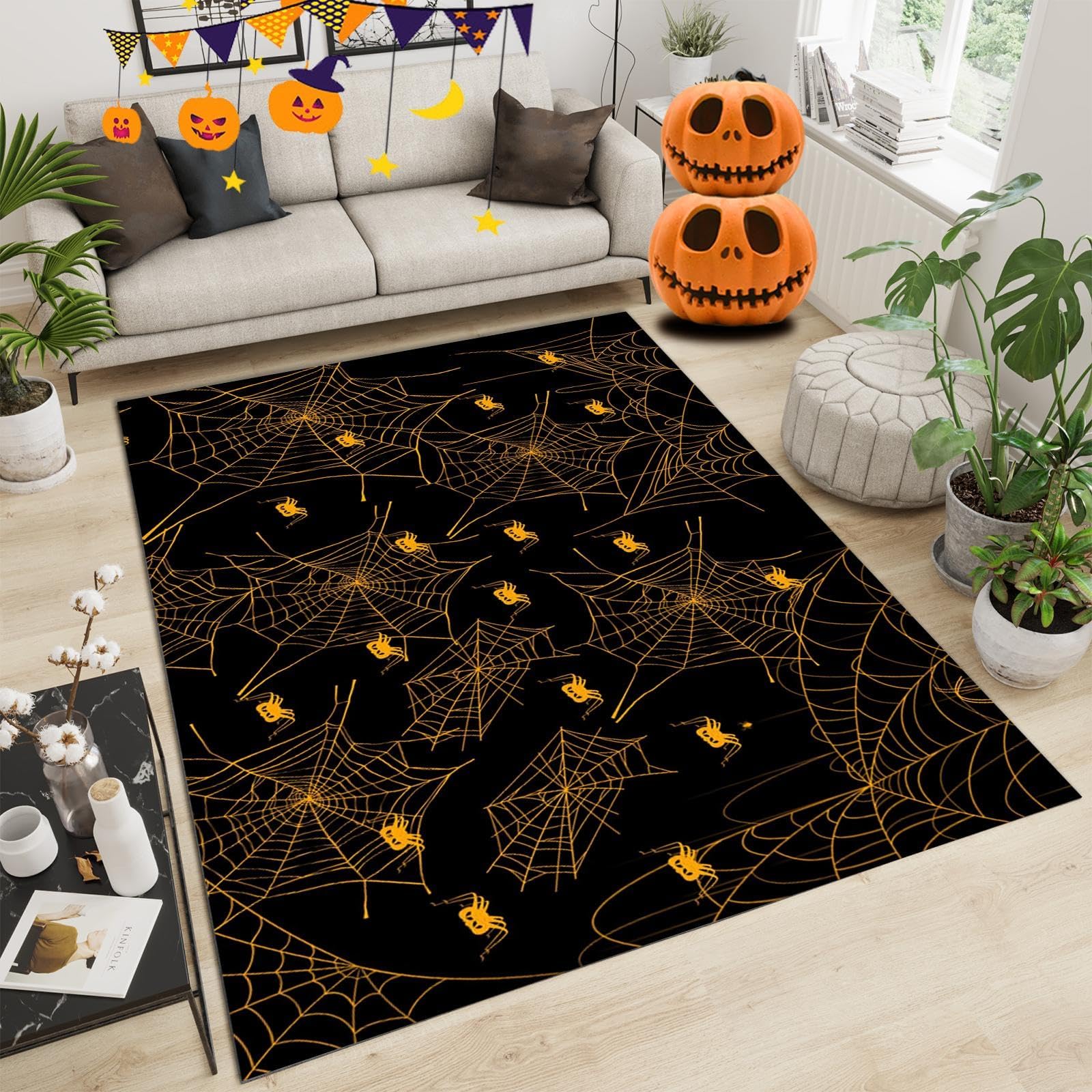 Halloween Spider Pattern Modern Living Room Rug Luxury Clear Black Gold 140 x 200 cm Non Slip Anti Stain Rugs Floor Decor for Living Room