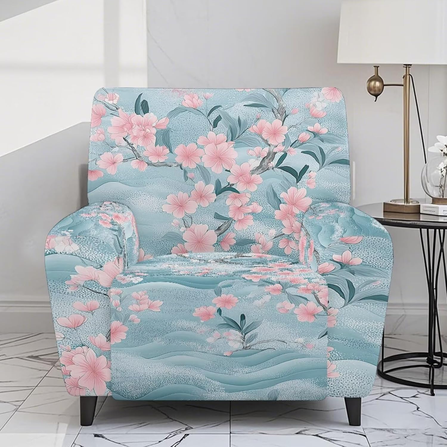 FOR U DESIGNS Floral Pink Blue Furniture Covers for Recliners 4-Pieces Stretch Slipcovers with Elastic Edges Pockets Easy Install Against Pets Scratch Proof