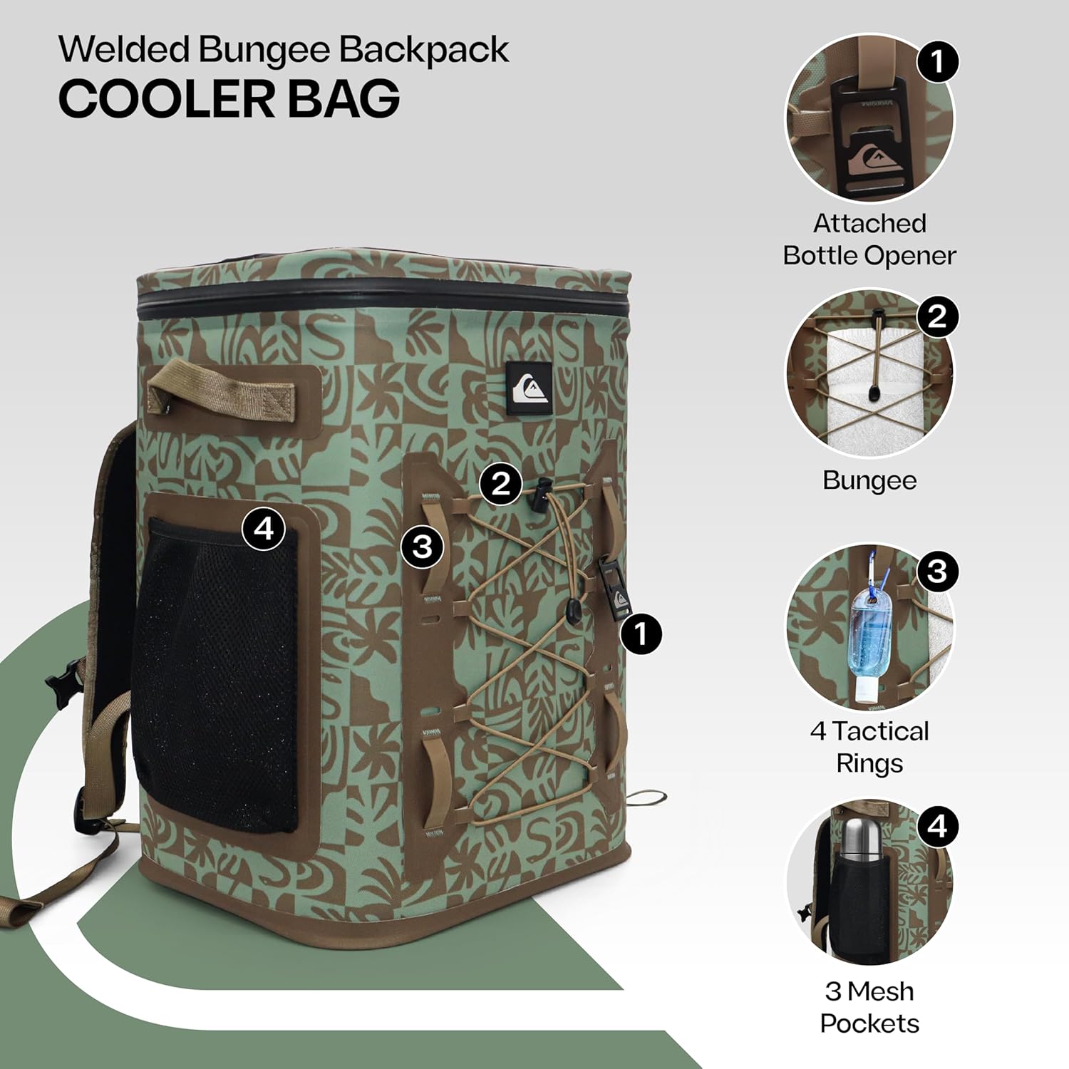 Quiksilver Welded Bungee Backpack Cooler, 30L/36 Cans, 48-72 Hours Insulation, Leakproof & Waterproof IPX7 Rated, Heavy-Duty 600D TPU, Adjustable Straps