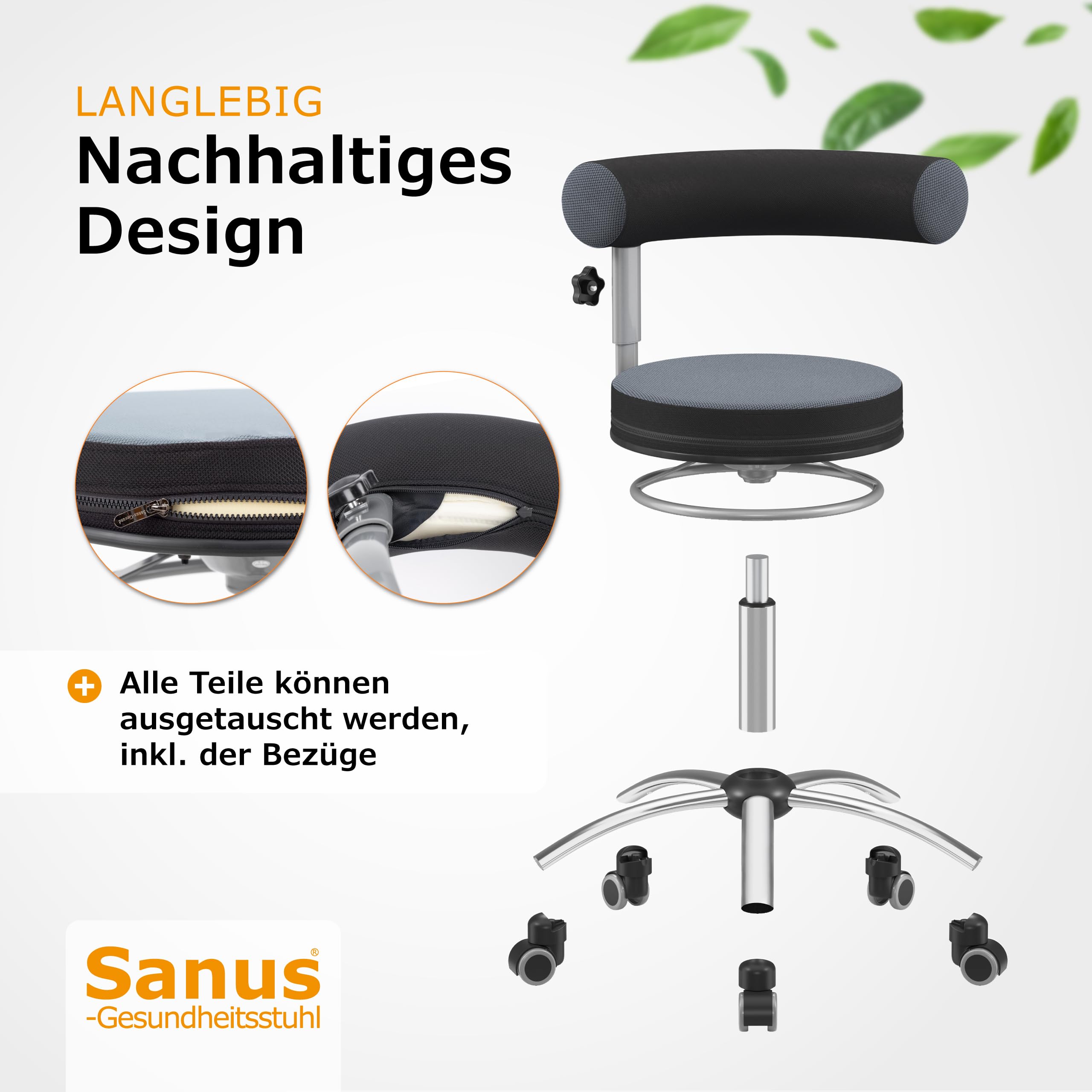 Sanus®-Gesundheitsstuhl | Rollhocker mit 360° Lehne, höhenverstellbarer Lehne, Sitzhöhe (42-51 cm), Stoffbezug grau/schwarz, Rollstopp-Rollen. Ergonomischer Bürostuhl, Erzieherstuhl