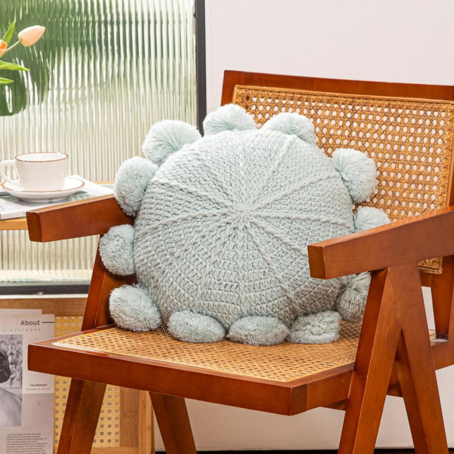 Knitted Throw Pillow Round Bohemian Round Pillow Decorative Pillow with Pom Pom (Turquoise, 18inch)