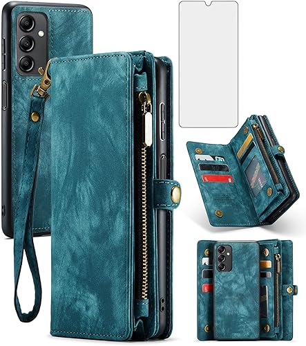 Asuwish Funda de teléfono para Samsung Galaxy A14 5G con cremallera, funda desmontable con protector de pantalla de vidrio templado y soporte de