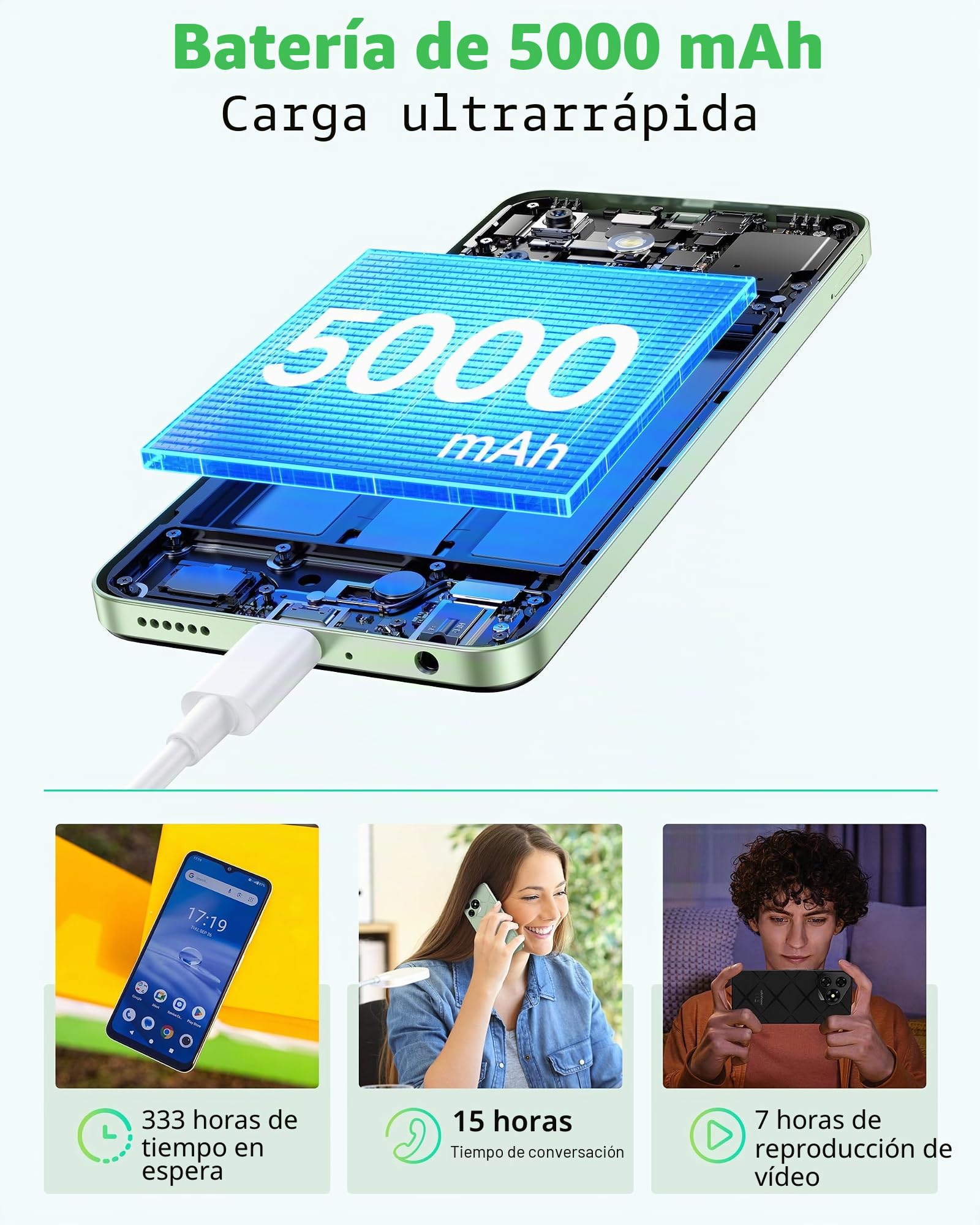 Ulefone Note 19 Moviles Android 14, 6GB+64GB/SD-512GB, Cámara 8MP+5MP, 5000mAh Batería Octa Core Teléfono Móvil Smartphone 6,56" HD+ 3 Ranuras para Tarjetas 4G Dual SIM/Face ID/GPS/OTG/FM Negro