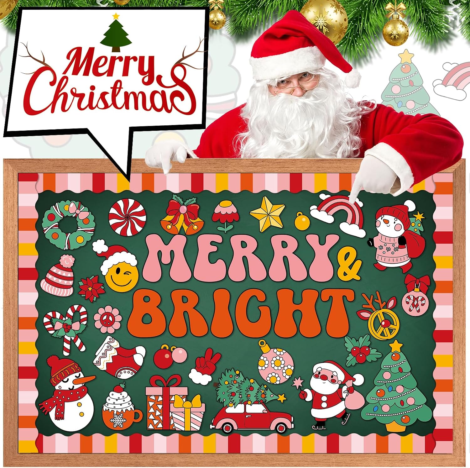 Groovy Christmas Bulletin Board Decoration Set Retro Merry Christmas Borders Cutouts for Xmas Holiday Party School Classroom Door Welcome Bulletin Board Craft Home Wall(Merry & Bright) image 4