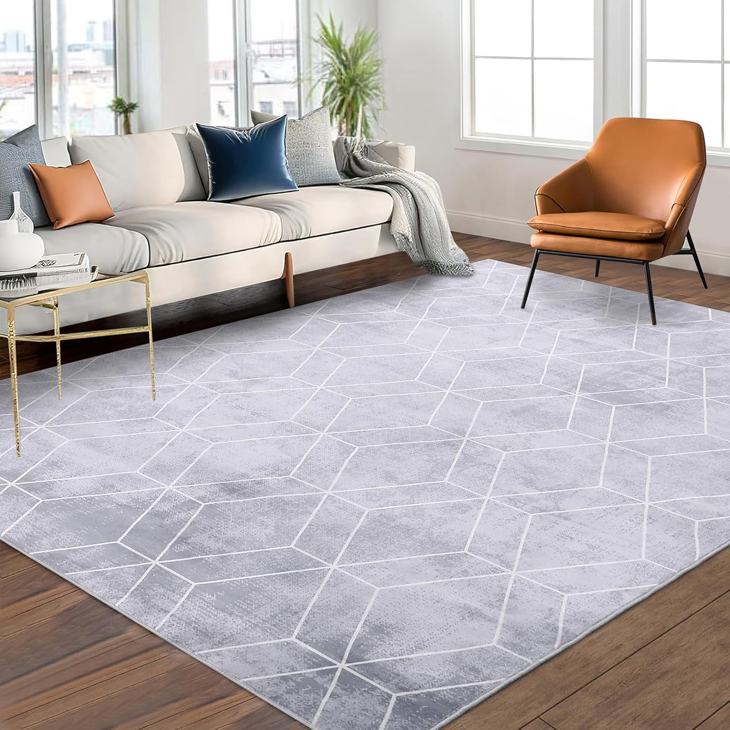 COZYLOOM Large Modern Area Rug 8x10 Washable Geometric Living Room Rug with Non-Slip Backing, Stain-Resistant Soft Low Pile Floor Mats, Foldable Indoor Carpet for Bedroom, Nursery, Grey