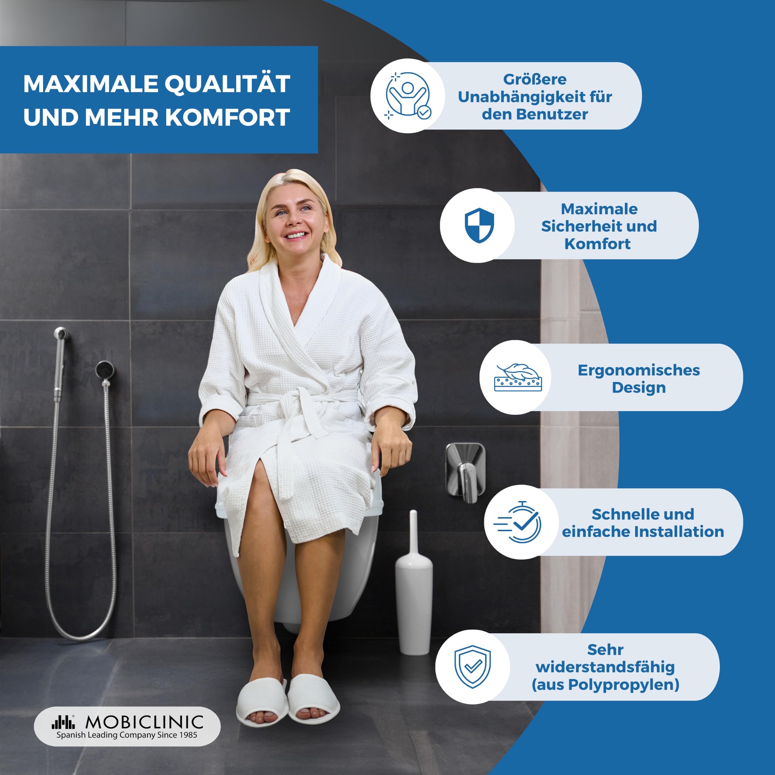 Mobiclinic®, Toilettensitzerhöhung mit Deckel, 14 cm Höhe, Höhenverstellbar, WC Sitzerhöhung für Senioren und Erwachsene, Ergonomischer Toilettenaufsatz, Rutschfest, Einfache Montage, Weiß, Titan