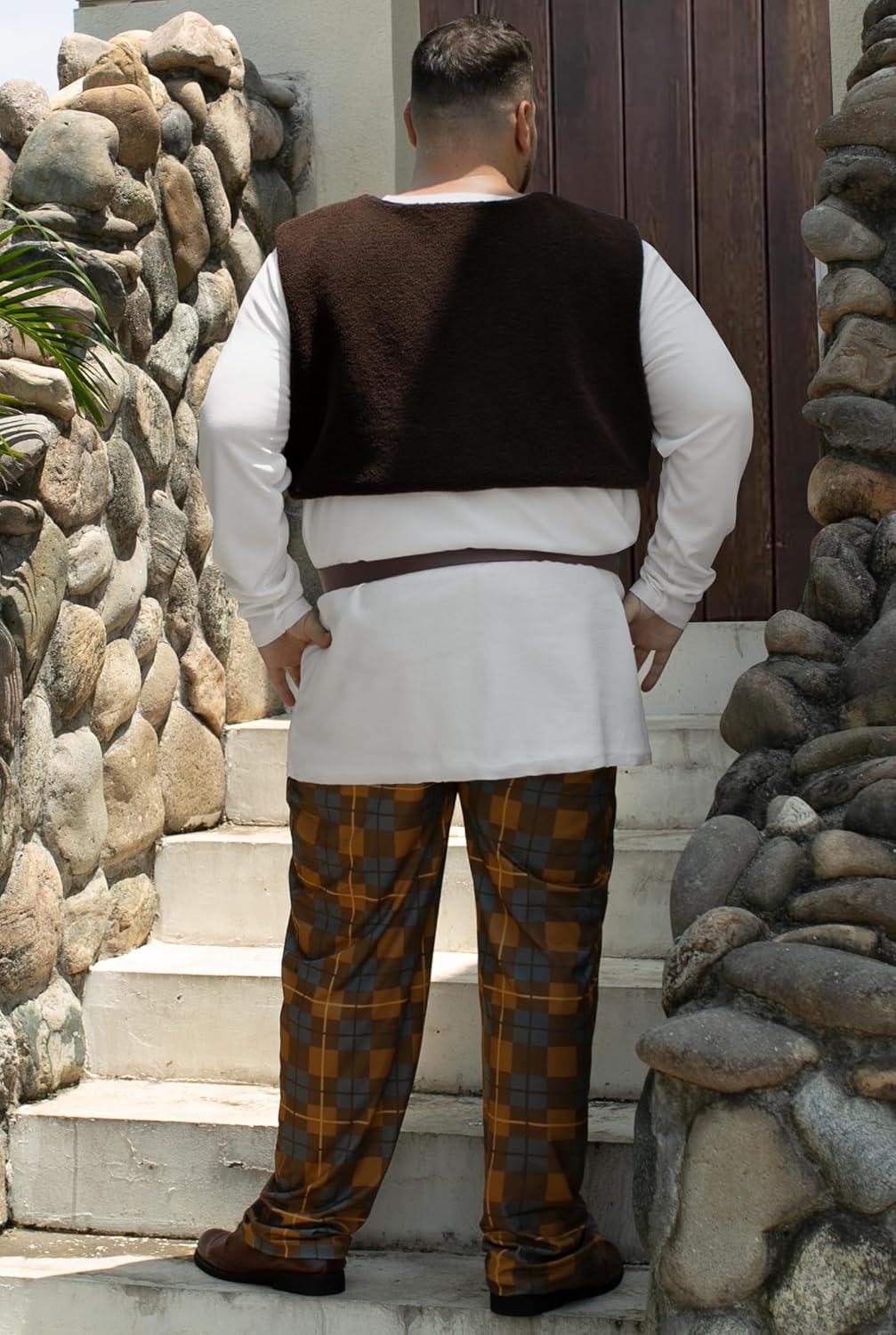 Men 6 Pcs Swamp Creature Costume Halloween Green Shirt Set Vest Pants Belt Headband Makeup (S-3XL) - Image 4