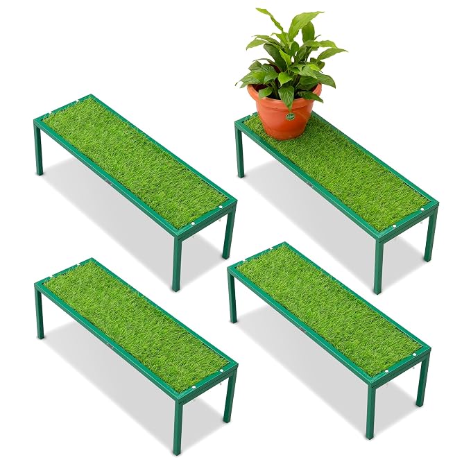 Urban Plant Apollo Metal Plant Stand with Green Grass | Decorative Pot Holder for Balcony, Garden & Home | Artificial Grass Mat Included (Green – Set of 4)