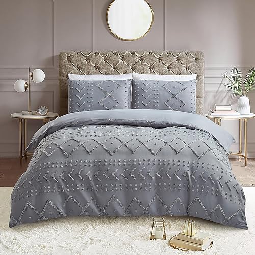 Funda de edredón gris bohemia tamaño Queen - Funda de edredón suave similar al algodón Queen de 3 piezas para todas las estaciones, fundas de