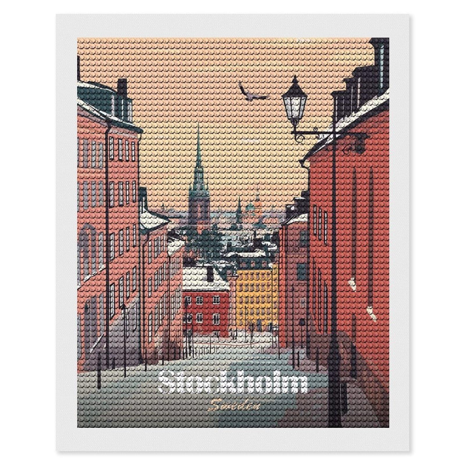 Junmoney Stockholm, Sweden Cityscape Illustration DIY Diamond Art Canvas Kit 16"x20", Adhesive Canvas, Easy to Enjoy, Farmhouse Decor, Festive Craft Gift