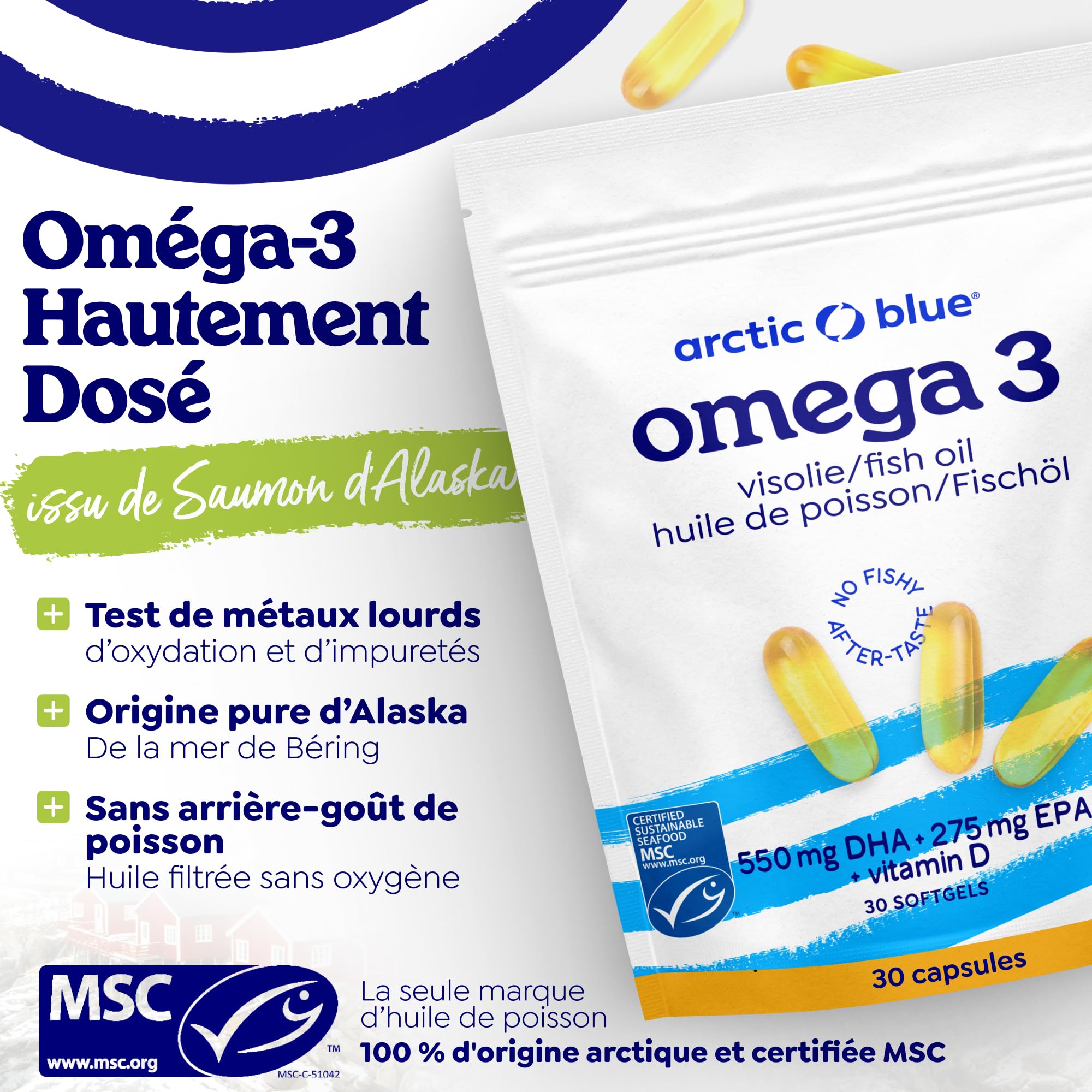 Arctic Blue Oméga-3 Huile de Poisson 60 Capsules — 550mg de DHA + 275mg d’EPA + 10µg de Vitamine D3 par Capsule — Huile de Colin d’Alaska MSC, Forme Triglycéride, Pureté Maximale, Sans Goût de Poisson