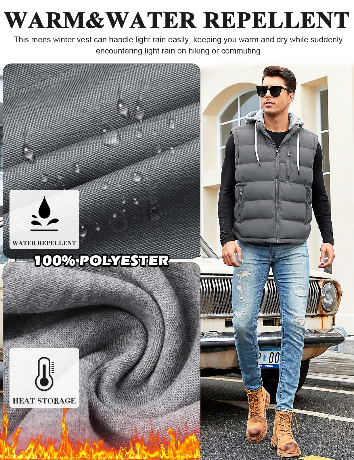 Vancavoo Weste Herren Winter Steppweste mit Kapuze Leicht Winterweste