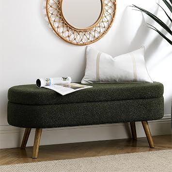 43.5" Fabric Storage Ottoman Bench for Bedroom,Upholstered Boucle Ottoman with Safety Hinge,Entryway Bench with Rubber Wood Legs for Living Room,Green