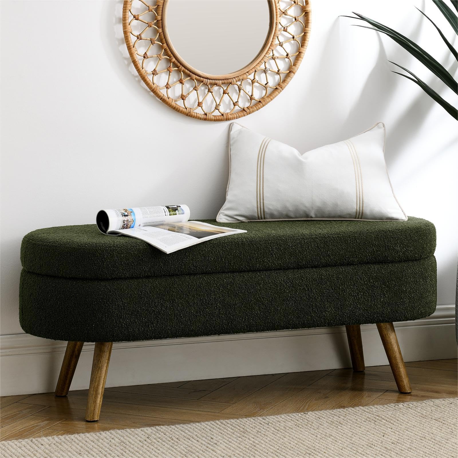 Comfort Stretch 43.5" Fabric Storage Ottoman Bench for Bedroom,Upholstered Boucle Ottoman with Safety Hinge,Entryway Bench with Rubber Wood Legs for