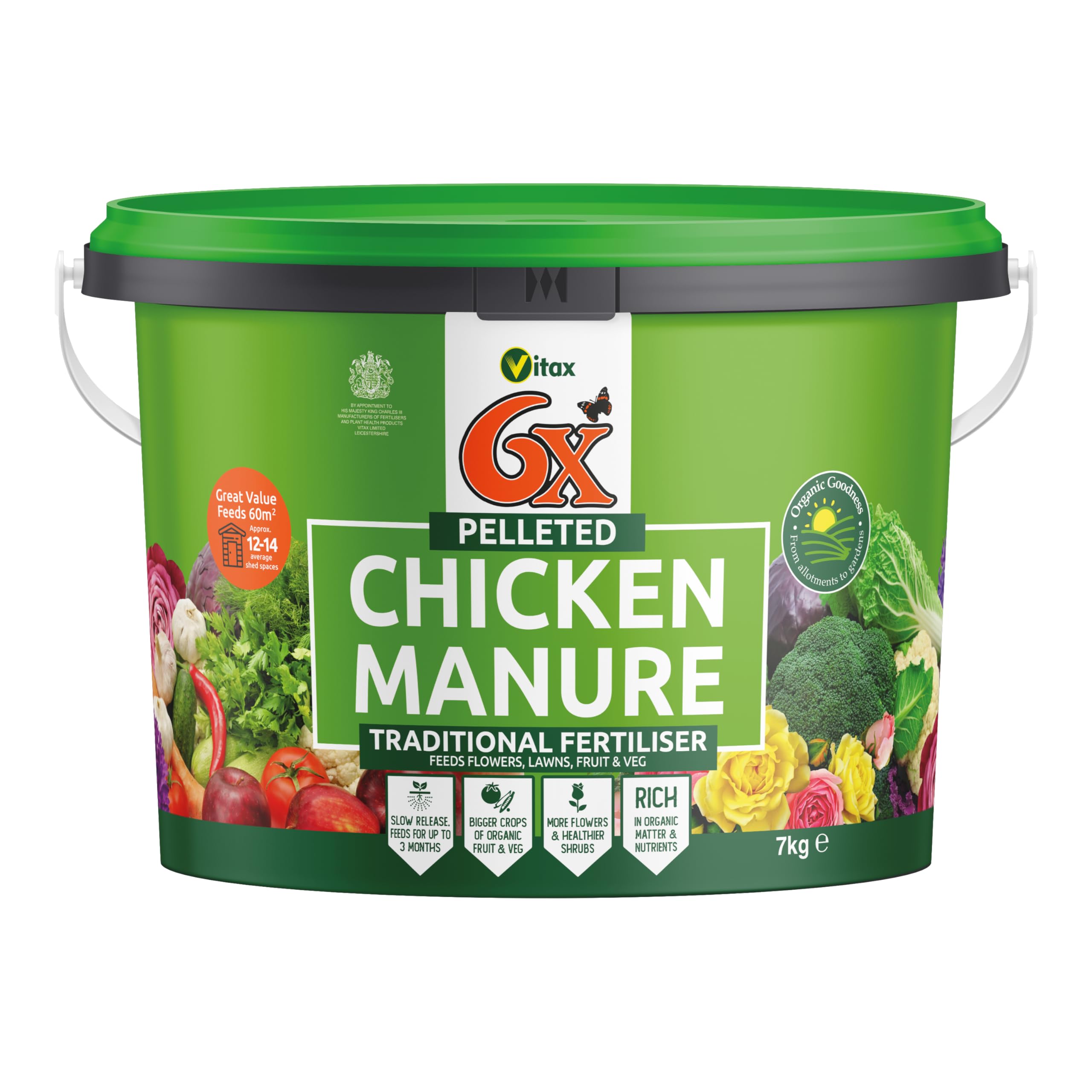 6X Natural Pelleted Chicken Fertiliser, Six Times More Nutrients Than Farm Yard Manure, Fully Composted, Weed Free - 7Kg