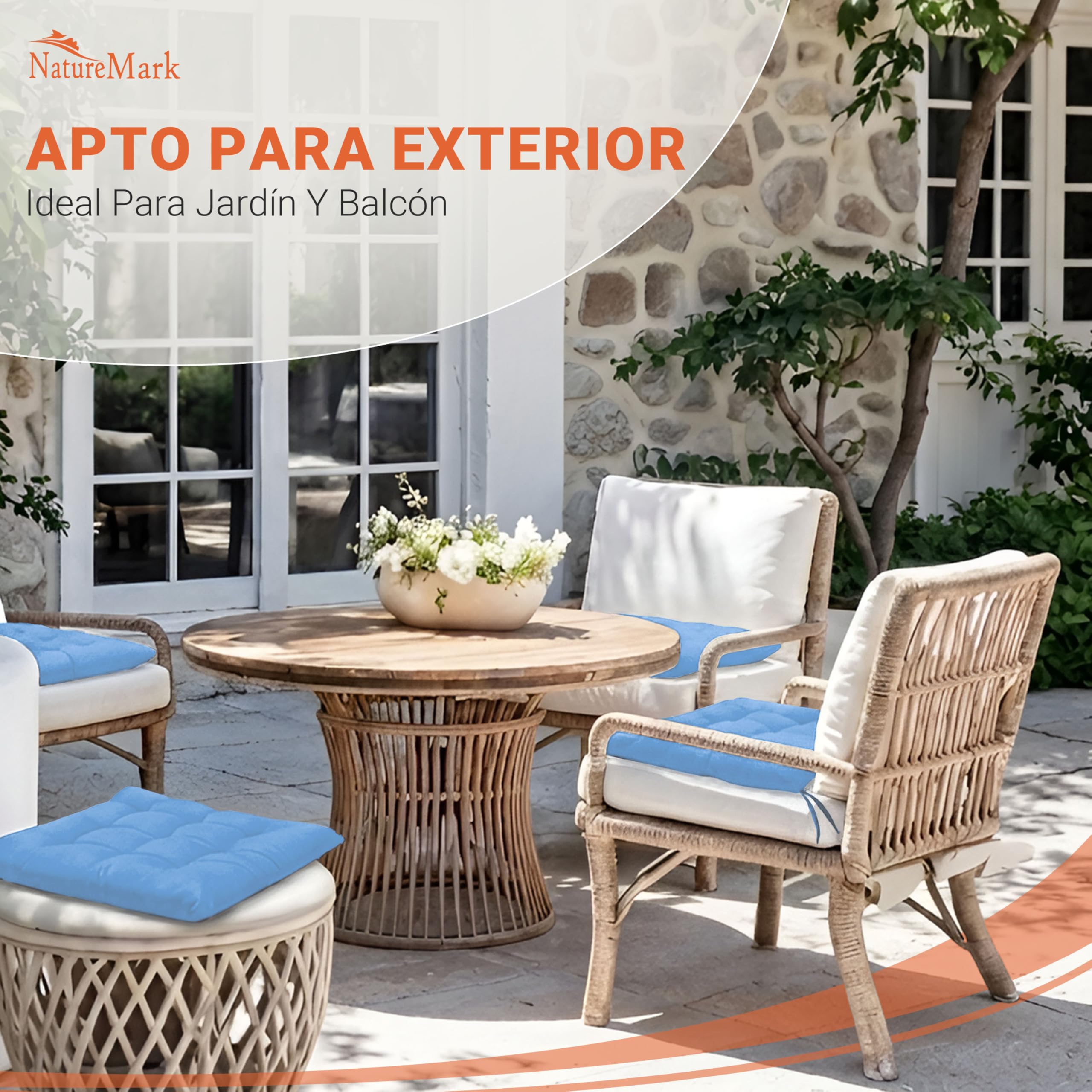 NatureMark Set de 4 Cojines para Sillas con Lazos 40x40 cm – Cojín de Asiento Relleno para Cocina, Jardín y Terraza – Color Azul Claro