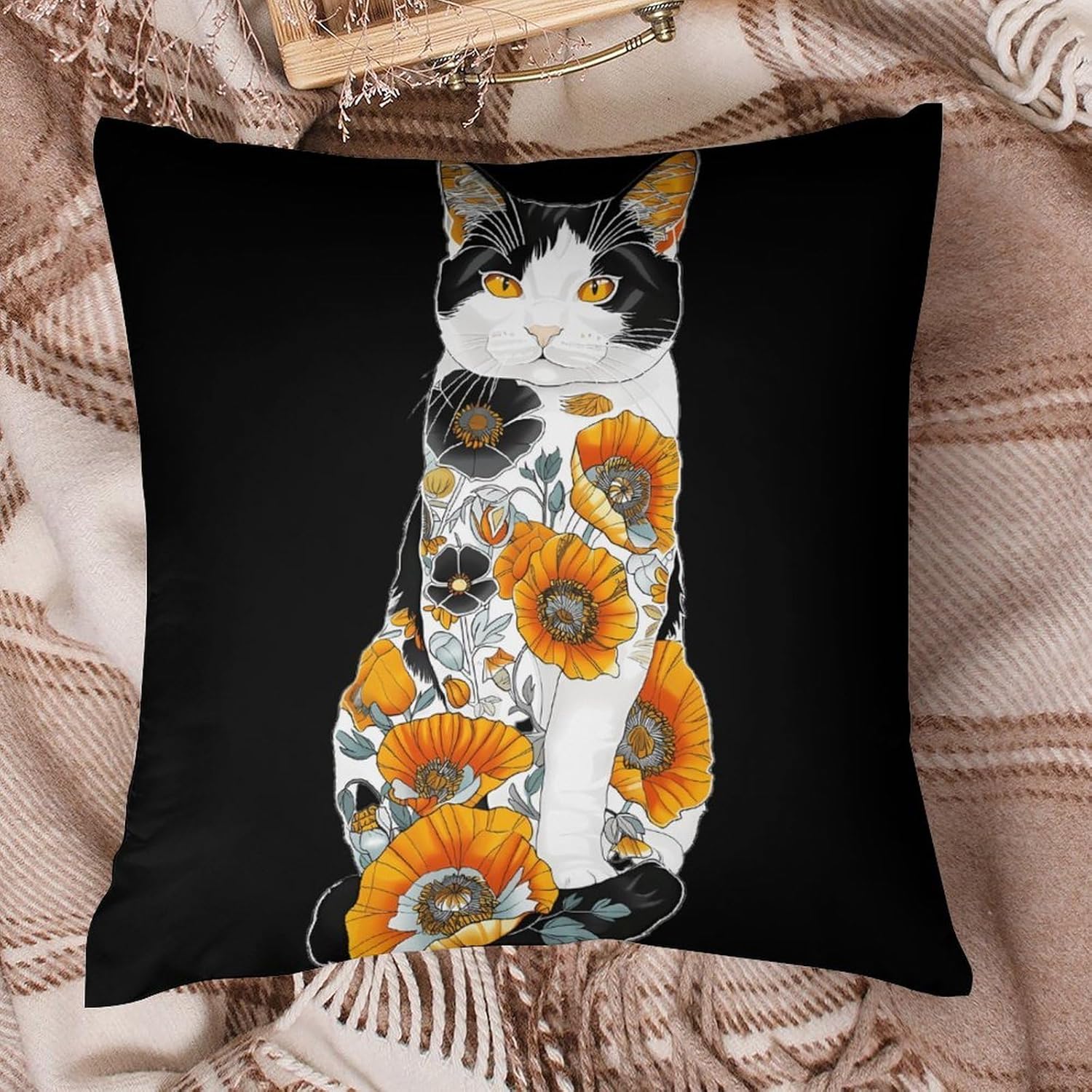 White Cat with Orange Flowers Printed Throw Pillow Case 4 Pcs Soft Pillowcases Pillows Covers Sofa Bed Decor 12/14/16/17/18/20/22/24/32 Inches
